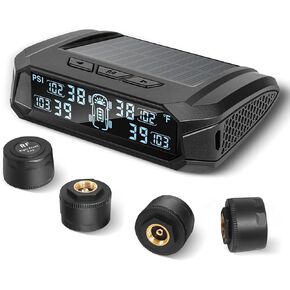RV tire Pressure Monitoring System, Wireless TPMS Tire Pressure Monitor System with Solar Charger, RV TPMS with 4 tire Pressure Sensors & 6 Alarm Modes(0-87 PSI)