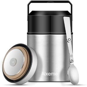 Food Jar Insulated Lunch Container Bento Box for Cold Hot Food 27oz Food Flask Wide Mouth Stainless Steel Vacuum Lunch Box for Kids Adult with Spoon Flexible Handle Leak Proof – Silver