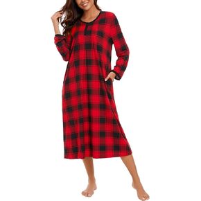 AVIIER Cotton Nightgowns for Women Soft Ladies Sleepwear Gowns Long Sleeve Nightdresses with Pockets