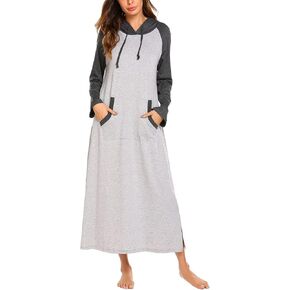 Ekouaer Sleepwear Women Long Sleeve Hooded Nightgown Contrast Color Full Length Loungewear with Pocket S-4XL