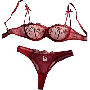 Verdusa Women's 2 Piece Lingerie Set Bow Floral Embroidery Mesh V Neck Bra with Thong