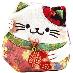 EatingBiting Japanese Style Zipper Maneki Neko Lucky Cat Chirimen Kimono Feng Shui Cat Coin Wallet Holder for Coin, Money, Credit cards keys, change, lip balm, breath mints