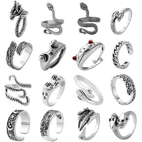 AIDSOTOU Mens Vintage Open Rings Set Frog Snake Skull Cool Punk Goth Ring for Men Women Adjustable (Silver-16 PCS)