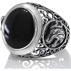 Dragon 925 Sterling Silver Men Ring set with Black Oval Onyx Stone
