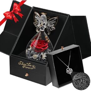 Womens Gifts for Christmas-Preserved Flower Real Rose with I Love You Necklace 100 Languages-Glass Angel Gifts for Women-Mom Christmas Birthday Gifts for Grandma Wife Girlfriend Sister