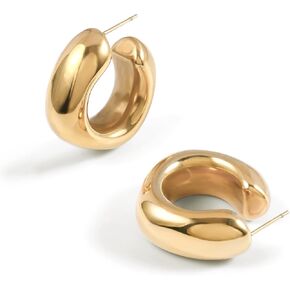 Thick Gold Chunky Hoops Earrings for Women 18K Real Gold Plated Open Hoop Lightweight Hollow Non-Tarnish Earrings For Women
