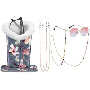 Fintie Plush Lined Eyeglasses Holder with Magnetic Base, Blooming Hibiscus + 3 Pcs Eyeglasses Chains
