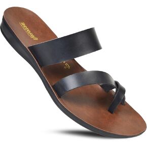 Aerosoft Split Toe Strap Man-Made Leather Ladies Cute Slides Outdoor Travel Dressy Flats Comfortable Walking Casual Summer Sandals for Women Fashion Footwear