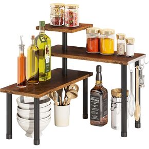 BMOSU Kitchen Corner Shelf Countertop Organizer with Hooks Adjustable Spice Rack Corner Display Rack Shelf Cabinet Counter Shelves(Rustic Brown)