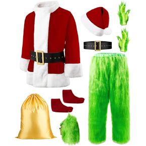 Green Funny Santa Claus Costume Deluxe Halloween Costumes Adult Complete Furry Santa Costume with mask Cosplay