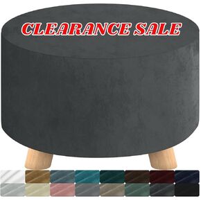 MAXIJIN Velvet Ottoman Cover Round Stretch Round Ottoman Covers Slipcover Washable Foot Stool Cover Thick Storage Footrest Protector with Elastic Bottom (Round Ottoman Medium, Grey)