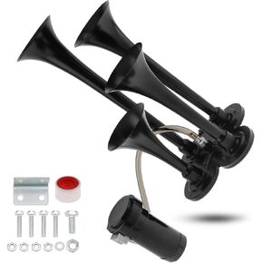 Train Horns Kit, 4 Trumpet Air Horn Kit, 12V 185db Super Loud Train Horns for Pickup Trucks, Four Trumpet Air Horn with Compressor for Vehicle Cars Trucks Pickup Trains Lorrys Boats