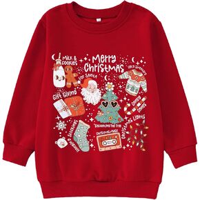 BOUTIKOME Girls Christmas Sweatshirt Kids Merry Christmas Shirt Cute Xmas Doodle Graphic Crewneck Pullover Top 6-12 Years