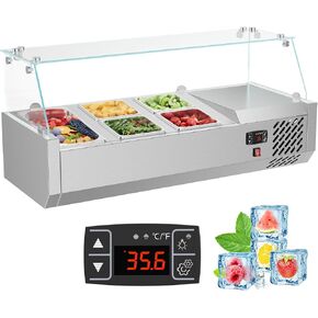 Refrigerated Condiment Prep Station, 70 Inch Salad Bar Buffet Station Prep 304 Stainless Body, Sandwich Prep Table with 9 1/4 Tempered Glass Shield Auto Defrost