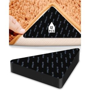 Rug Grippers, Reusable and Washable Non Slip Carpet Tape, PU Rug Pads Grippers for Hardwood Floors and Tiles, Double-Sided Adhesive Rug Stickers Keep Your Rug in Place and Make Corner Flat (12 Pcs)