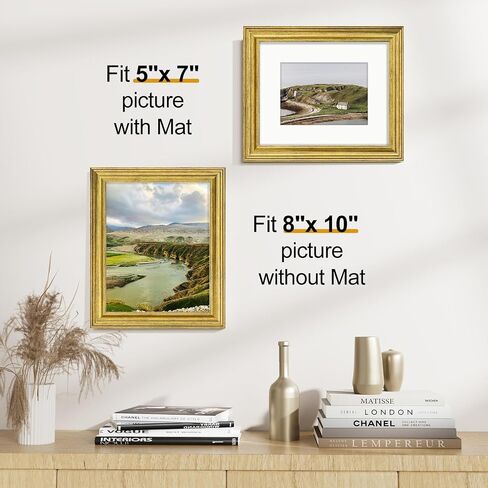 Vittanly 8x10 Picture Frames Set of 2, Display 5x7 Pictures with Mat or 8x10 without Mat, Rustic Collage Photo Frames for Wall or Tabletop, Gold in Saudi Arabia