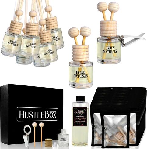 HUSTLE BOX Italian Leather Hanging Car Air Freshener and Essential Oil Diffusers with Vent Clips - 25-Pack Automobile Aromatherapy Diffuser Bottles - Kit Ideal for Resale, Gifts & Party Favors in Saudi Arabia