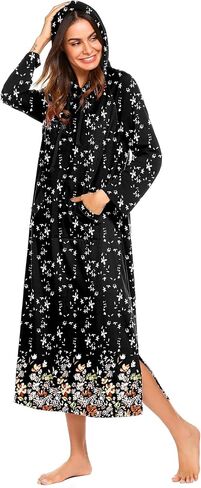 Ekouaer Sleepwear Women Long Sleeve Hooded Nightgown Contrast Color Full Length Loungewear with Pocket S-4XL in Saudi Arabia