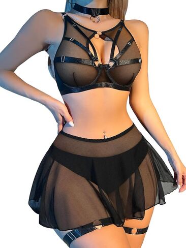 Lilosy مثير شبكة صيد السمك تخزين Chocker Strappy Underwire O حلقة تنورة النساء الملابس الداخلية مجموعة 5 قطعة in Kuwait