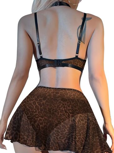 Lilosy Sexy Fishnet Stocking Chocker Strappy Underwire O Ring Skirt Women Lingerie Set 5 Piece in Kuwait