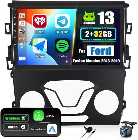 [2+32G] ستيريو سيارة Android 13 لسيارة Ford Fusion Mondeo 2013-2019 مع Carplay اللاسلكي وAndroid Auto، راديو سيارة 9 بوصة مع وصلة مرآة بلوتوث FM/RDS راديو WiFi GPS SWC مزدوج USB+AHD كاميرا احتياطية in Saudi Arabia