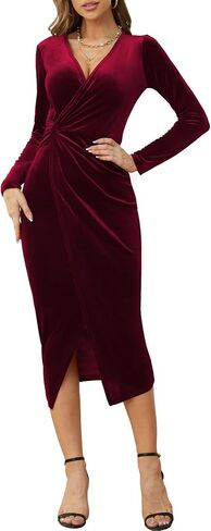 NASHALYLY Elegant Velvet Dress for Women Wrap V Neck Long Sleeve Split Bodycon Ruched Cocktail Party Maxi Dress in Saudi Arabia