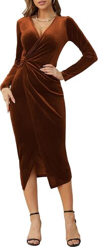 NASHALYLY Elegant Velvet Dress for Women Wrap V Neck Long Sleeve Split Bodycon Ruched Cocktail Party Maxi Dress in Saudi Arabia