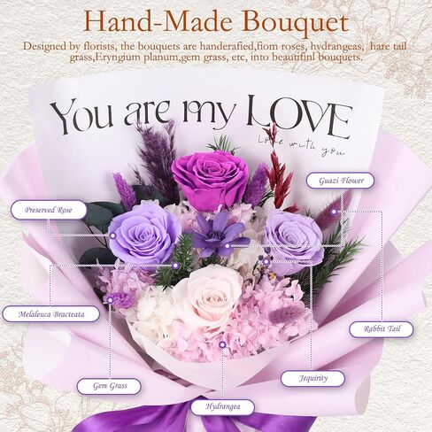 Woyoo Preserved Flowers Bouquet,Flowers for Delivery Prime,Natural Long Lasting Purple Flowers Bouquet with Gift Box,Gifts for her Valentine’s Day,Mother’s Day,Anniversary,Birthday,Christmas (Purple) in Saudi Arabia