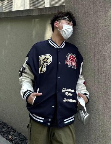Men's Color Block Leather Letter Graphic Varsity Jackets Letterman Baseball Bomber Jackets Unisex Streetwear Coats in Saudi Arabia