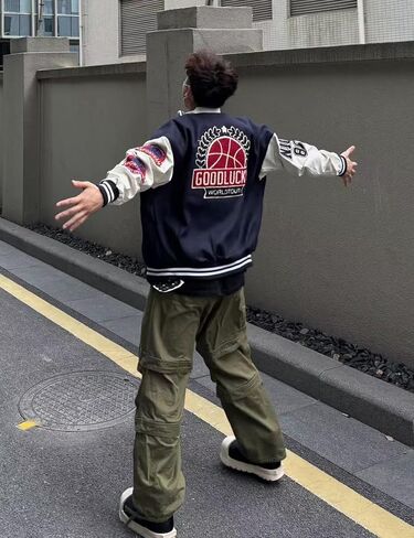 Men's Color Block Leather Letter Graphic Varsity Jackets Letterman Baseball Bomber Jackets Unisex Streetwear Coats in Saudi Arabia