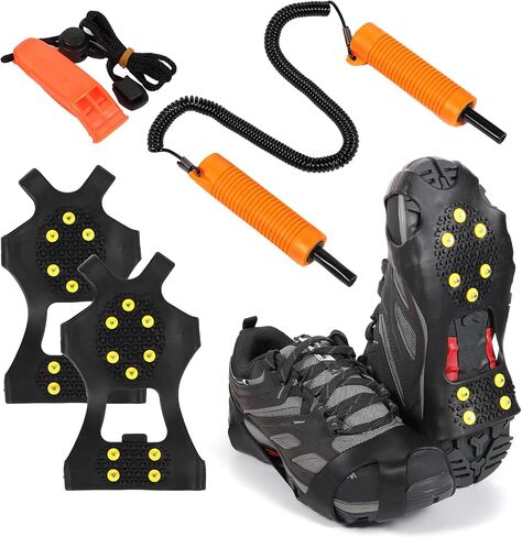 BOXOB 3pcs Ice Fishing Safety Kit, Include Ice Cleat for Boot Retractable Ice Pick Safety Whistle Shoe Ice & Snow Grips Ice Fishing Safety Picks for Shoes Footwear Walking on Snow Ice Fishing Winter in Saudi Arabia