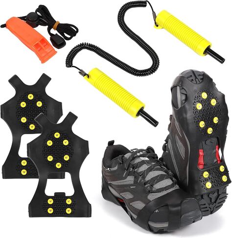 BOXOB 3pcs Ice Fishing Safety Kit, Include Ice Cleat for Boot Retractable Ice Pick Safety Whistle Shoe Ice & Snow Grips Ice Fishing Safety Picks for Shoes Footwear Walking on Snow Ice Fishing Winter in Saudi Arabia