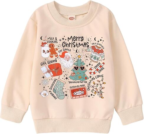 BOUTIKOME Girls Christmas Sweatshirt Kids Merry Christmas Shirt Cute Xmas Doodle Graphic Crewneck Pullover Top 6-12 Years in Kuwait