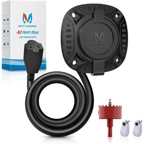 MICTUNING 15A 72 بوصة مقبس منفذ تيار متردد مع سلك تمديد متكامل للخدمة الشاقة مع غطاء مقاوم للماء ومنشار ثقب - أسود