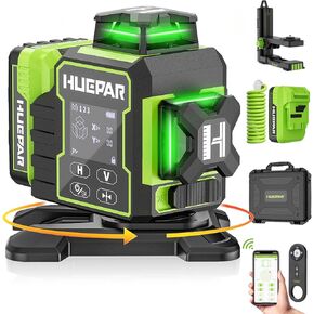 Huepar Laser Level 360 Self Leveling, 4x360° Bluetooth Laser Level with Electric Rotating Base ＆ Large LCD Screen, 4D 16 Lines Green Cross lazer leveler tool for Construction, Remote Control-W04CG