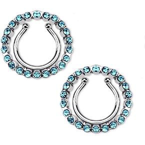 CZ Crystal Paved Circle No Pierce Fake Clip On Nipple Ring, Sold as a Pair (Aqua)