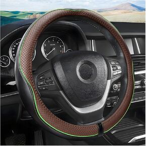 Leather Car Steering Wheel Cover, Car Wheel Cover Protector Soft Breathable Anti Slip, Steering Wheel Covers for Women Men, Universal Fit 15 Inch Car, Truck, SUV (Black/Red Line)