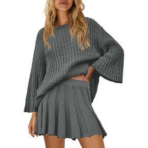 SENSERISE Womens Sweater Skirt Set 2 Piece Outfits Long Sleeve Pullover Top Ribbed Knit Lounge Dresses
