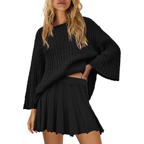 SENSERISE Womens Sweater Skirt Set 2 Piece Outfits Long Sleeve Pullover Top Ribbed Knit Lounge Dresses in Kuwait