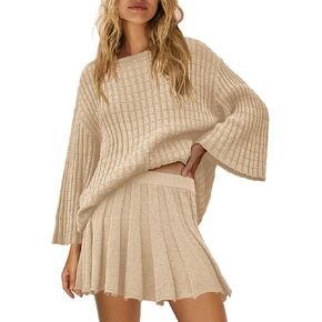 SENSERISE Womens Sweater Skirt Set 2 Piece Outfits Long Sleeve Pullover Top Ribbed Knit Lounge Dresses in Kuwait