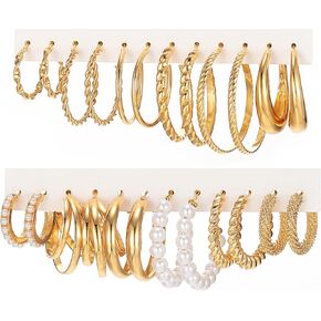 17IF 12 Pairs Gold Hoop Earring Set for Women Chunky Smooth Surface Trendy Small to Big Stud Earring Lightweight Twisted Pearl Ear Pack