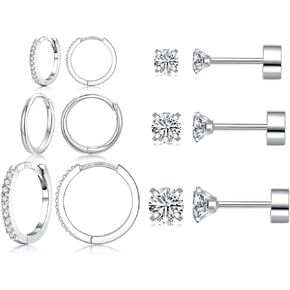 6 Pairs Sterling Silver Earrings Sets for Multiple Piercing Small Silver Huggie Hoop Earrings Flat Back Surgical Steel Tiny CZ Stud Earrings for Women Trendy Cartilage Hypoallergenic