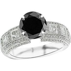 2.55 Carat t.w 14K White Gold Exquisite Bezel Set Princess Cut And Pave Set Round Diamond Engagement Ring w/a 1.5 Carat Round Cut Black Diamond Heirloom Quality