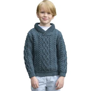 Aran Crafts Kid's Shawl Neck Sweater, 100% Merino Wool, Fisherman Sweater-Style Knit, Made in Ireland
