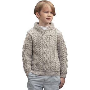 Aran Crafts Kid's Shawl Neck Sweater, 100% Merino Wool, Fisherman Sweater-Style Knit, Made in Ireland