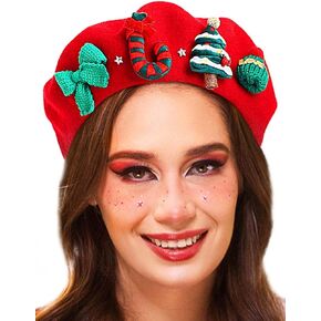 Woeoe Christmas Wool Beret Hat Red French Beret Cap Winter Warm Beanie Cap Christmas Tree Headwear for Women and Girls