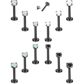 TEN MIRO 12PCS 16G Lip Rings Helix Tragus Earrings Stainless Steel Internally Threaded Labret Studs Cartilage 2/3/4MM Clear CZ/Opal Earrings Monroe Medusa Piercing Jewelry(Black-6MM)