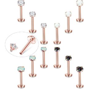 TEN MIRO 12PCS 16G Lip Rings Helix Tragus Earrings Stainless Steel Internally Threaded Labret Studs Cartilage 2/3/4MM Clear CZ/Opal Earrings Monroe Medusa Piercing Jewelry(Rose Gold-6MM)