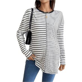 Women's Maternity Knitted Tee Shirt Striped Long Sleeve Crew Neck Pregnancy Tops