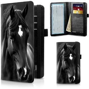 Leather Checkbook Covers for Men Women Check Book Holder Cover Wallets for Personal Checkbook Register Duplicate Checks with RFID Blocking & Elastic Strap-Black Horse Animal